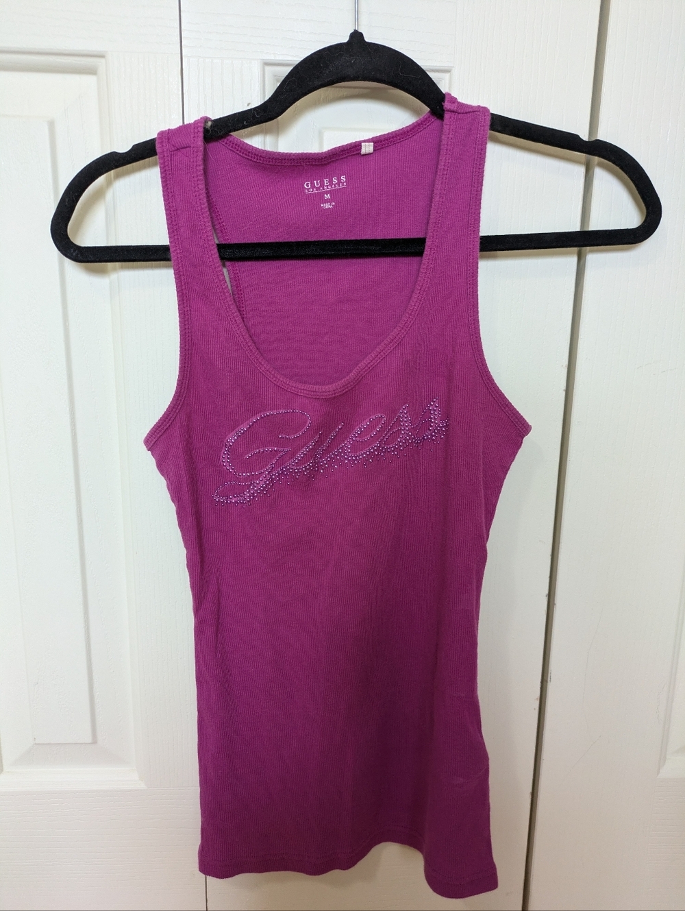 Y2K GUESS Fuchsia Rhinestone Logo Ribbed Tank Top Mcbling